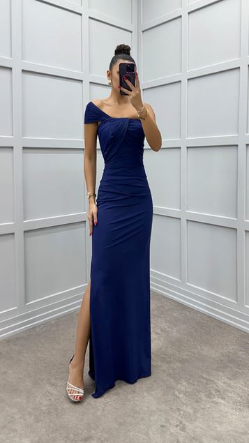 Navy Blue One Shoulder Chest Detail Dress
