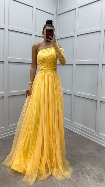 Yellow One Shoulder Chest Embroidered Tulle Dress