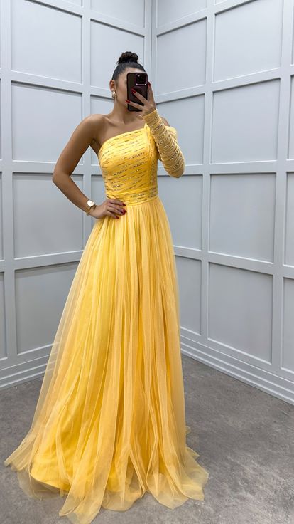 Yellow One Shoulder Chest Embroidered Tulle Dress