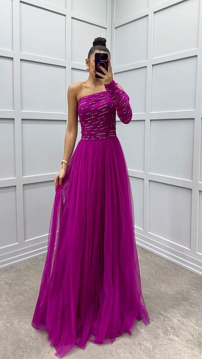 Fuchsia One Shoulder Chest Embroidered Tulle Dress