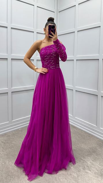 Fuchsia One Shoulder Chest Embroidered Tulle Dress