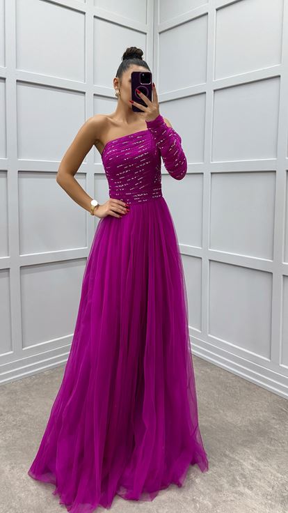 Fuchsia One Shoulder Chest Embroidered Tulle Dress