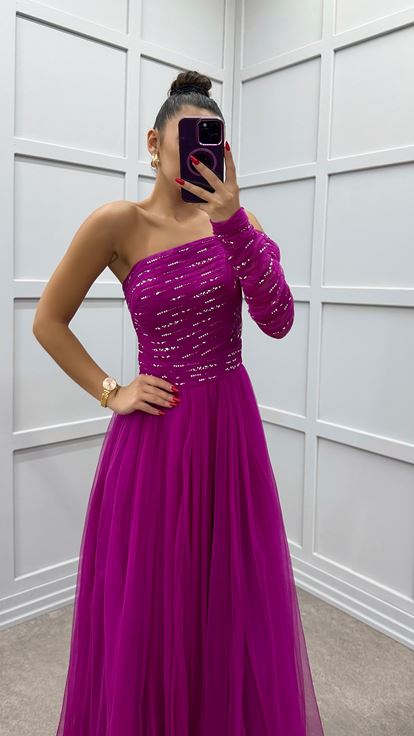 Fuchsia One Shoulder Chest Embroidered Tulle Dress