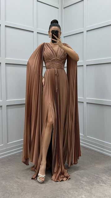 Powder Waist Detail Pleated Satin Dress