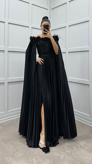 Black Pleated Dress With Rose Detail Feather On Chest And Shoulders