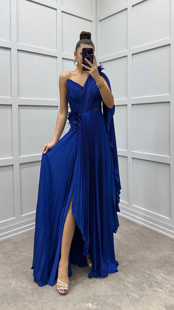 Saks One Shoulder Transparent Detail Pleated Dress