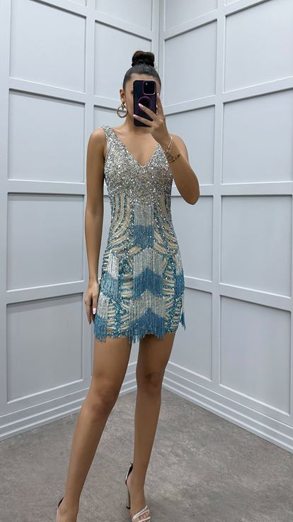 Mavi Püskül Detay Özel Tasarım Elbise