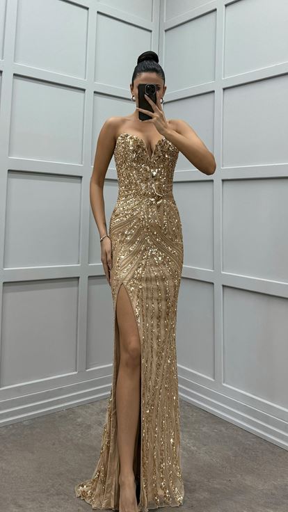 Beige Strapless Embroidery Detail Special Design Slit Evening Dress