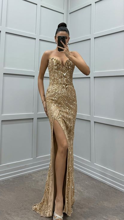 Beige Strapless Embroidery Detail Special Design Slit Evening Dress