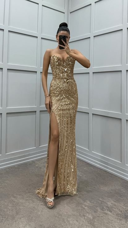Beige Strapless Embroidery Detail Special Design Slit Evening Dress