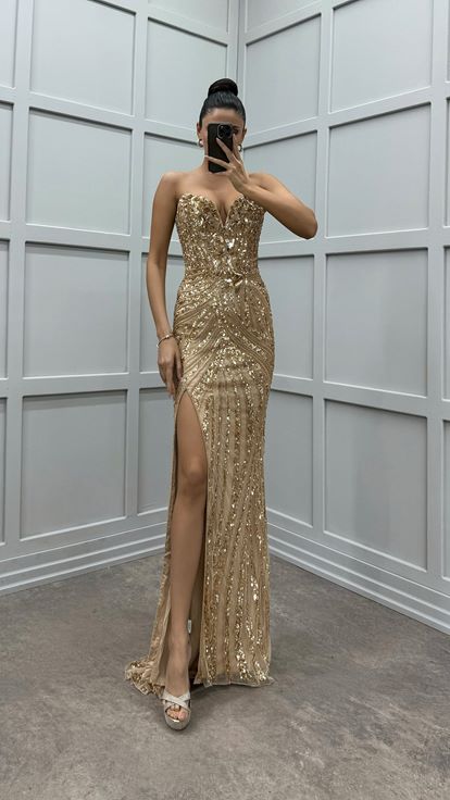 Beige Strapless Embroidery Detail Special Design Slit Evening Dress