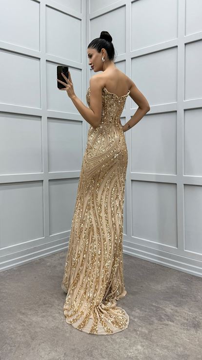 Beige Strapless Embroidery Detail Special Design Slit Evening Dress