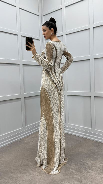 Beige V Neck Patterned Embroidered Detail Custom Designed Evening Dress