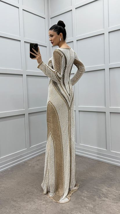 Beige V Neck Patterned Embroidered Detail Custom Designed Evening Dress