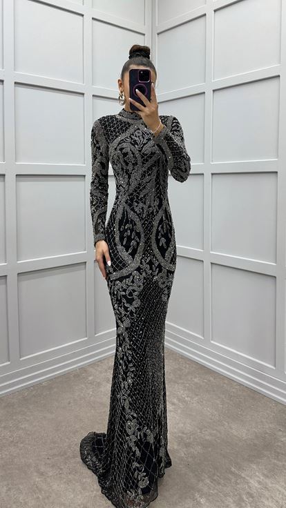 Black Embroidery Detail Special Design Evening Dress