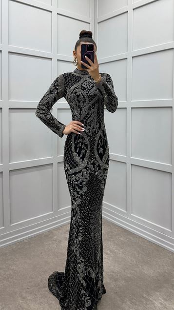 Black Embroidery Detail Special Design Evening Dress