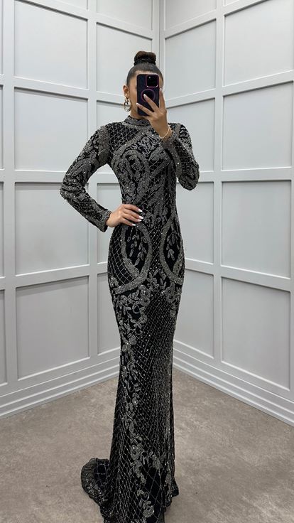 Black Embroidery Detail Special Design Evening Dress