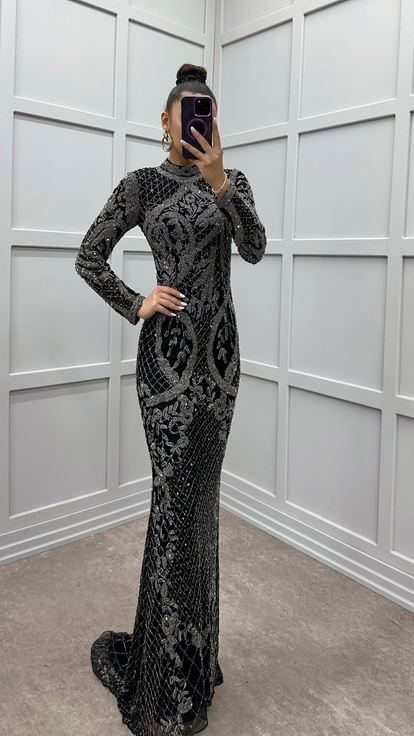 Black Embroidery Detail Special Design Evening Dress