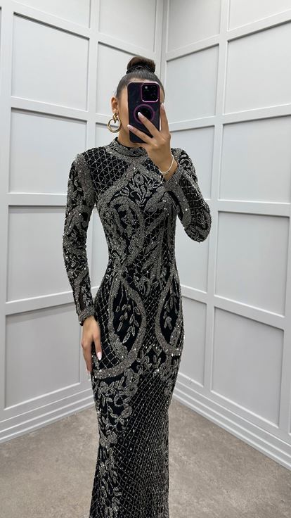 Black Embroidery Detail Special Design Evening Dress