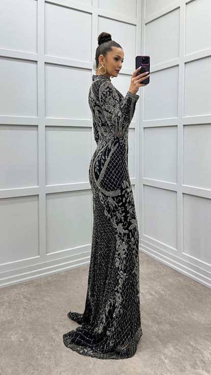 Black Embroidery Detail Special Design Evening Dress