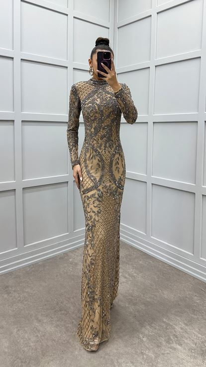 Beige Embroidery Detail Special Design Evening Dress