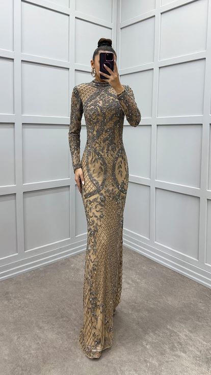 Beige Embroidery Detail Special Design Evening Dress