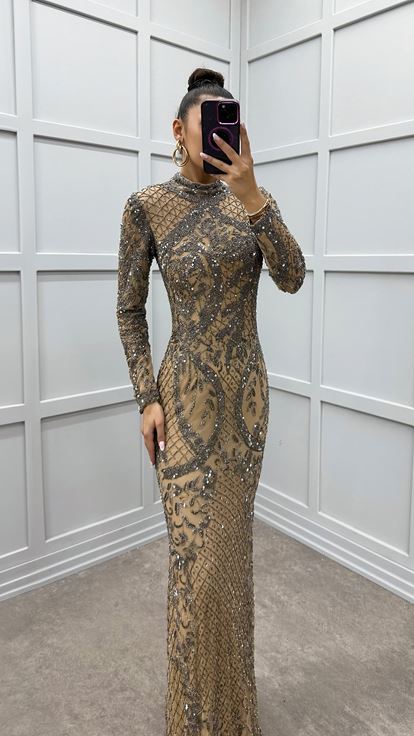 Beige Embroidery Detail Special Design Evening Dress