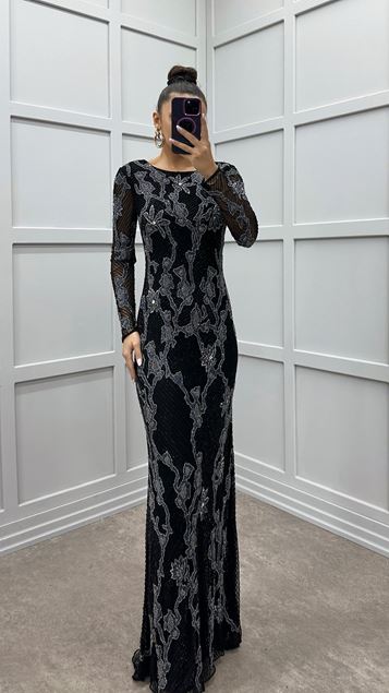 Black Embroidery Detail Special Design Evening Dress