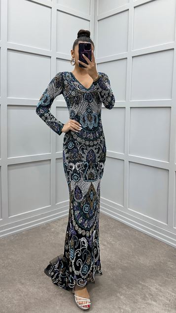 Turquoise V-Neck Embroidery Detail Special Design Evening Dress