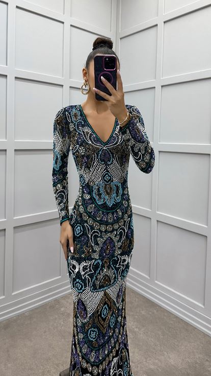 Turkuaz V Yaka İşleme Detay Özel Tasarım Abiye Elbise