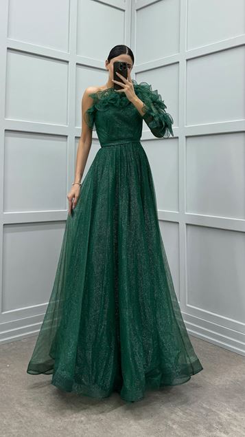 Emerald One Sleeve Ruffled Evening Dress