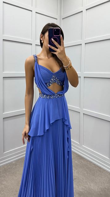 Indigo Waist and Back Detail Pleated Evening Dress