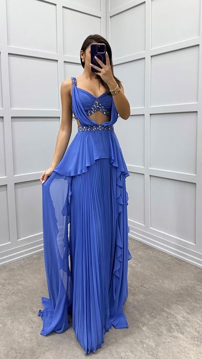 Indigo Pleated Evening Dress with Waist and Back Detail