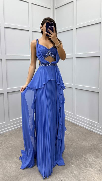 Indigo Pleated Evening Dress with Waist and Back Detail