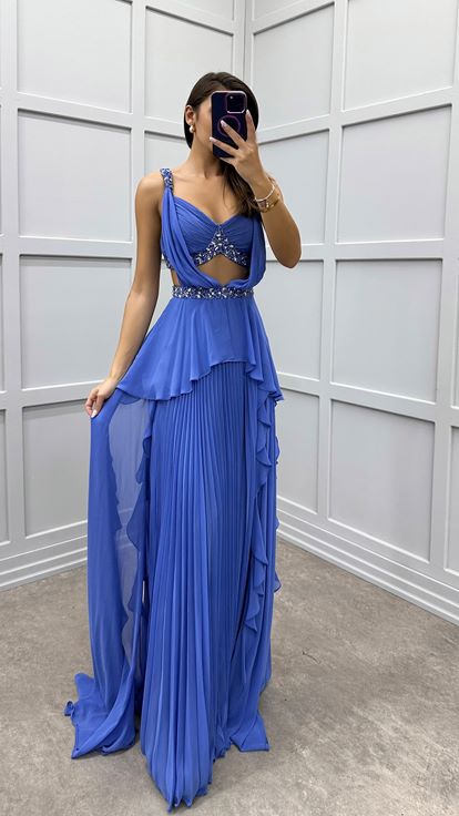 Indigo Pleated Evening Dress with Waist and Back Detail