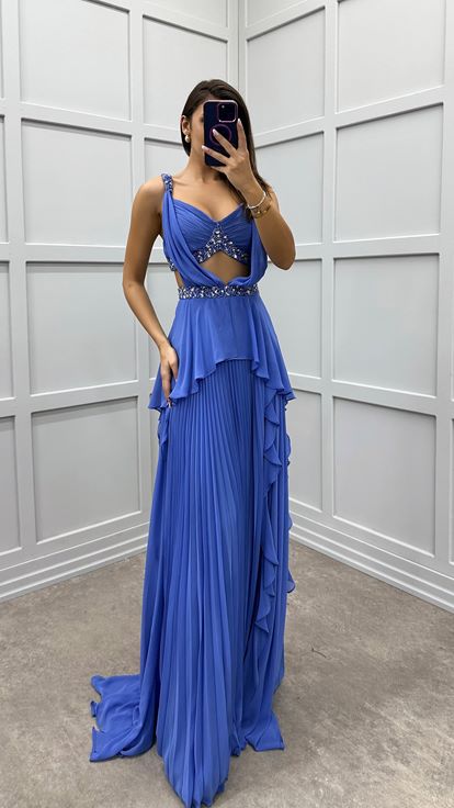Indigo Pleated Evening Dress with Waist and Back Detail