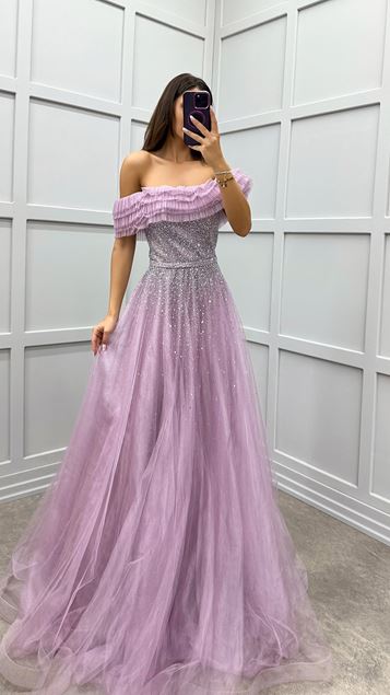Lilac Evening Dress with Rope Strap and Embroidery Detail and Ruffles
