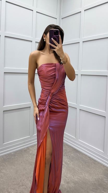 Turuncu Straplez Bel Detay Tasarım Abiye