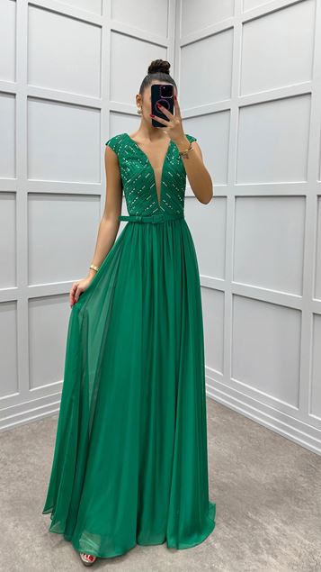 Green Chest Detail Embroidered Evening Dress