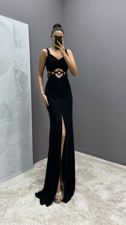 Black Shoulder Detail Sheer Waist Evening Dress