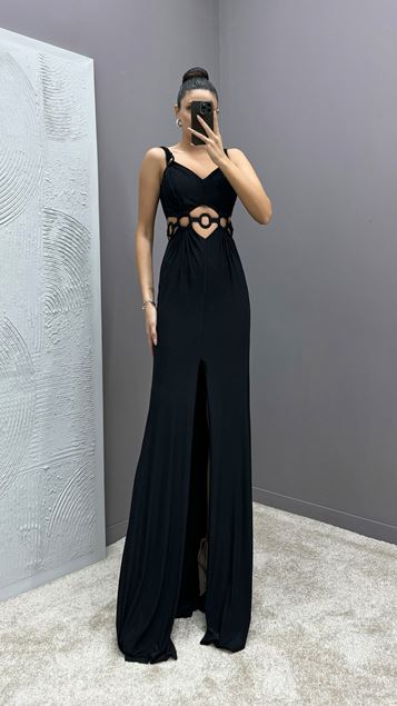 Black Shoulder Detail Sheer Waist Evening Dress