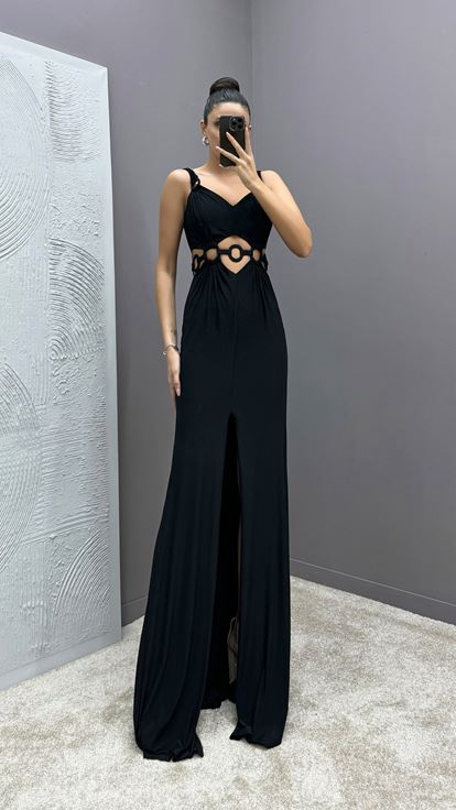Black Shoulder Detail Sheer Waist Evening Dress