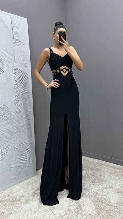 Black Shoulder Detail Sheer Waist Evening Dress