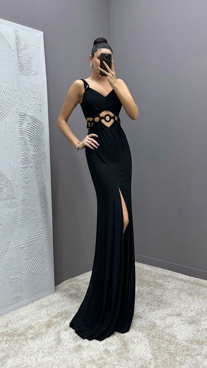 Black Shoulder Detail Sheer Waist Evening Dress
