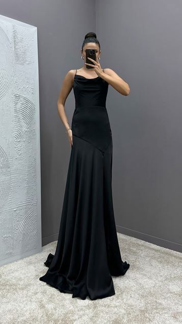 Black Rope Strap Pleated Evening Dress