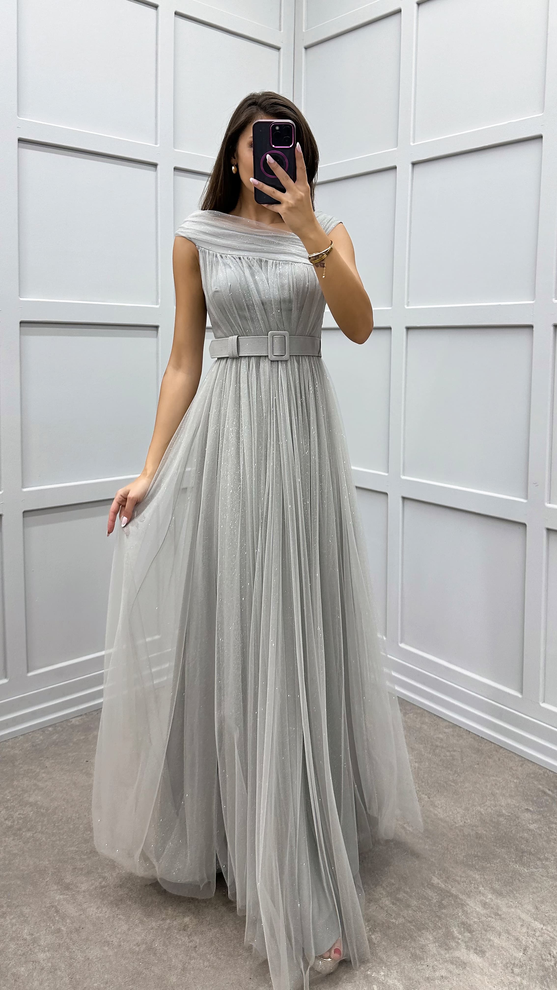 Gray Belted Tulle Evening Dress