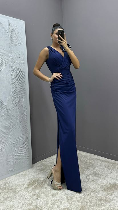 Navy Blue V Neck Evening Dress with Ruffled Shoulders
