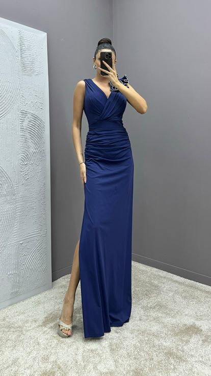 Navy Blue V Neck Evening Dress with Ruffled Shoulders