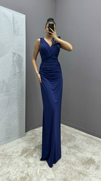 Navy Blue V Neck Evening Dress with Ruffled Shoulders