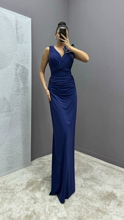 Navy Blue V Neck Evening Dress with Ruffled Shoulders